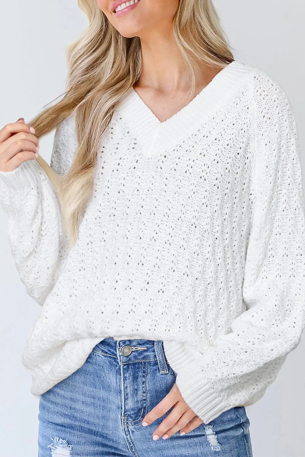 Premium White Textured Knit Ribbed Edge V Neck Loose Sweater Dear-Lover Dropshipping